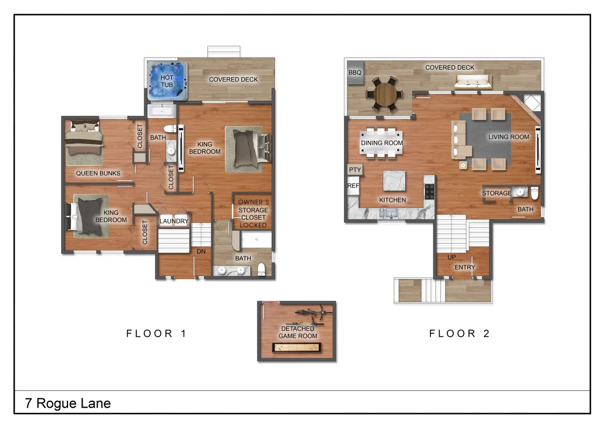 An inviting look at the covered deck with a hot tub, showing both relaxation amenities and the natural setting beyond. Portions of the living and dining room are also visible, tying indoor comfort with outdoor adventure.
